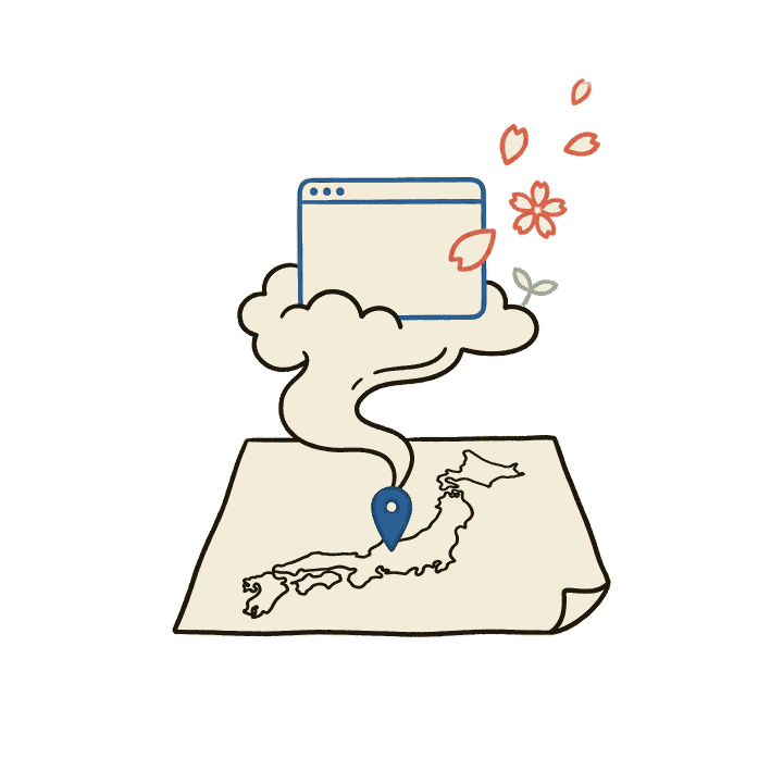 日本地図の紙の上に立つピンから、雲とブラウザの窓と花びらが立ちのぼる絵